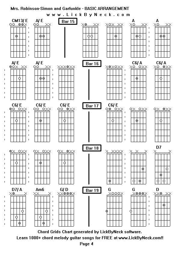 Chord Grids Chart of chord melody fingerstyle guitar song-Mrs Robinson-Simon and Garfunkle - BASIC ARRANGEMENT,generated by LickByNeck software.